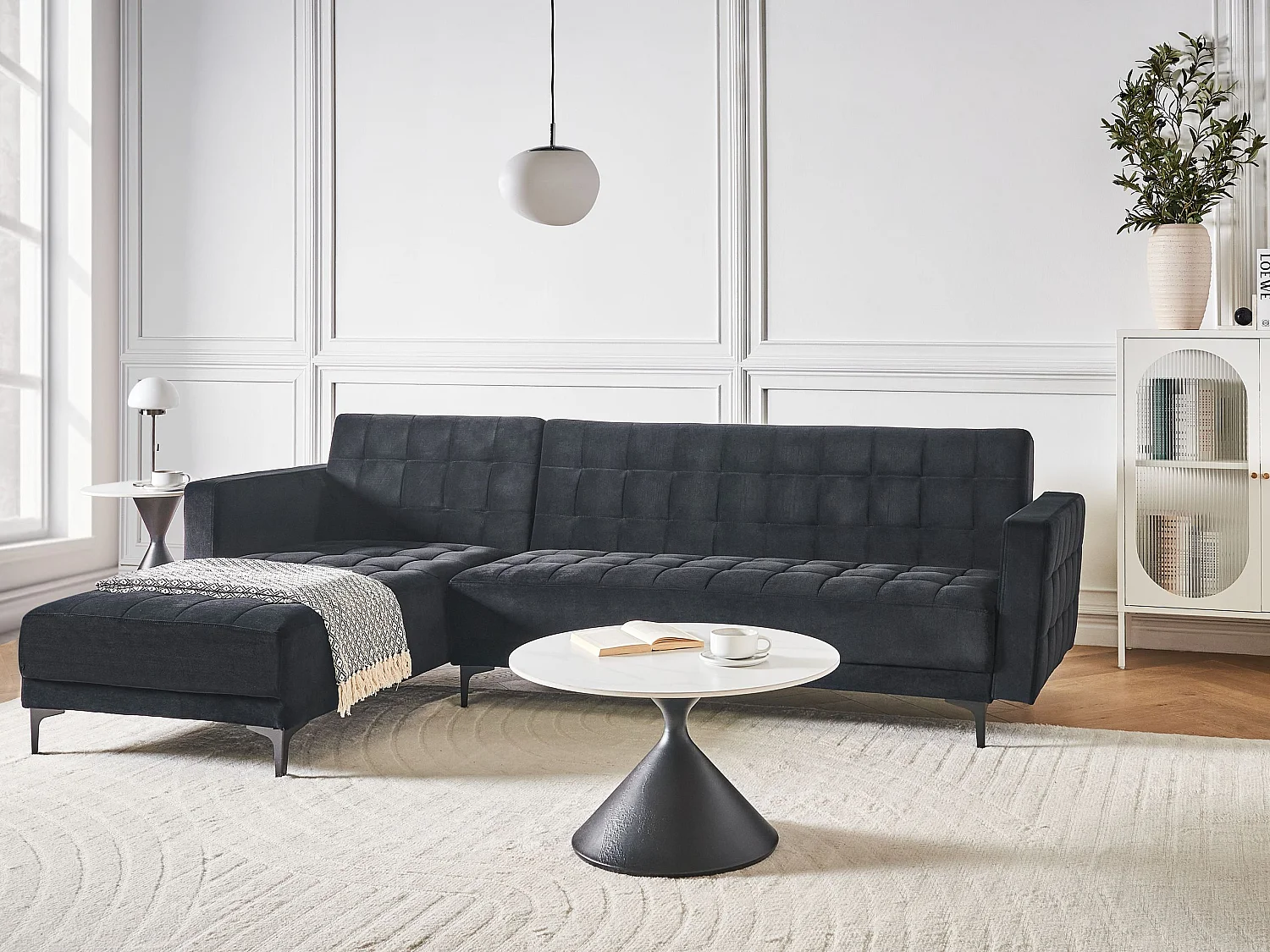 Canapé-Lit d'Angle à gauche 4 Places Dossier Réglable en Velours Noir Aberdeen