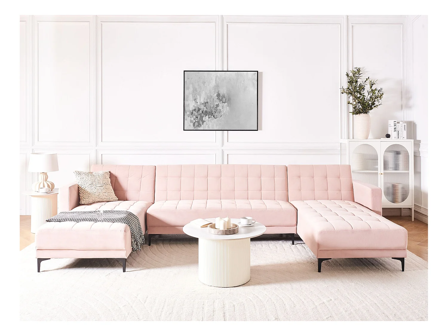 Canapé-lit modulable en forme de U 5 places ABERDEEN Velours Rose pastel