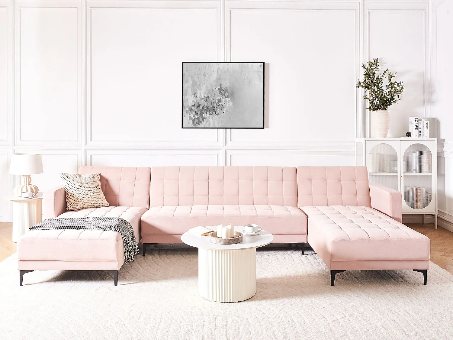 Canapé-lit modulable en forme de U 5 places ABERDEEN Velours Rose pastel