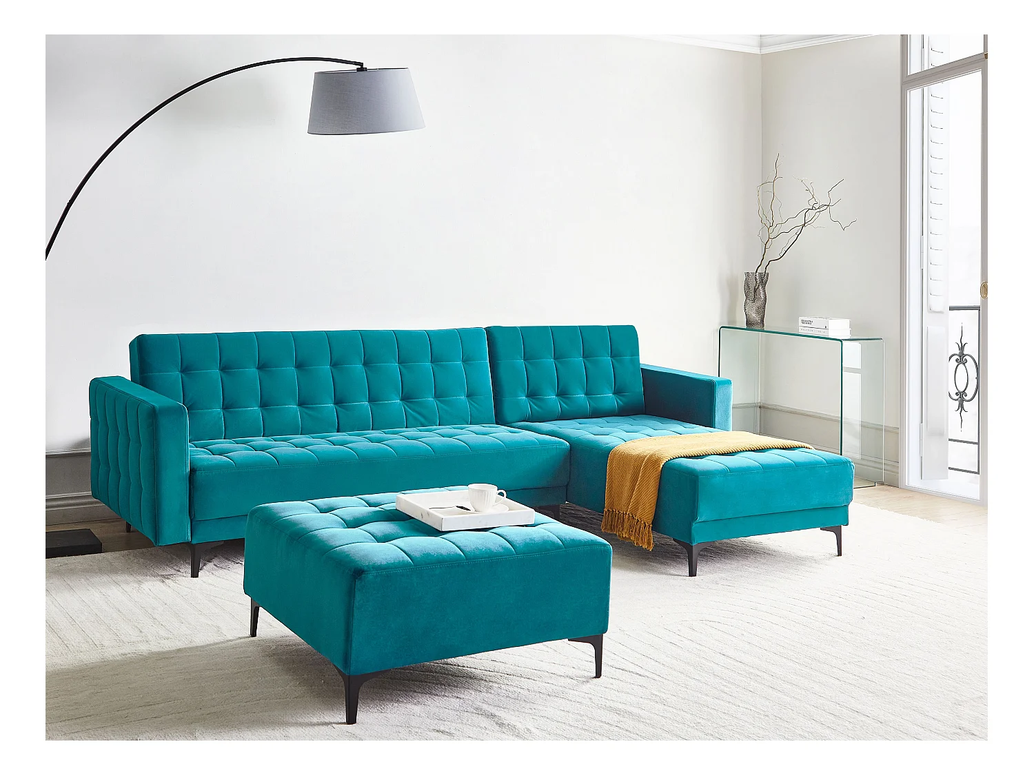 Canapé-Lit d'Angle à droite 4 Places Dossier Réglable en Velours Bleu Azur Aberdeen