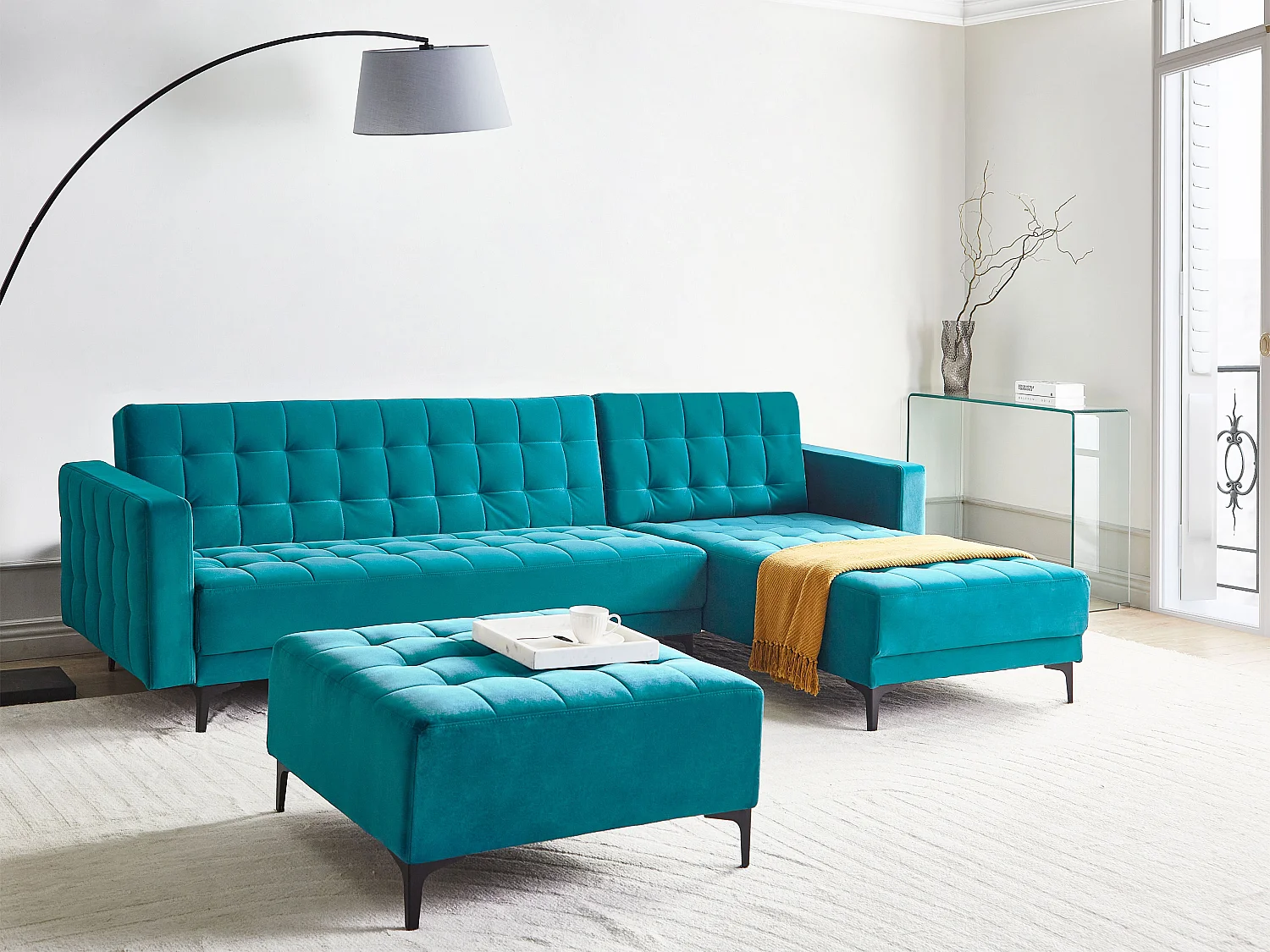 Modulaire hoekslaapbank ABERDEEN Fluweel Zeeblauw 4-zitter Linkerzijde