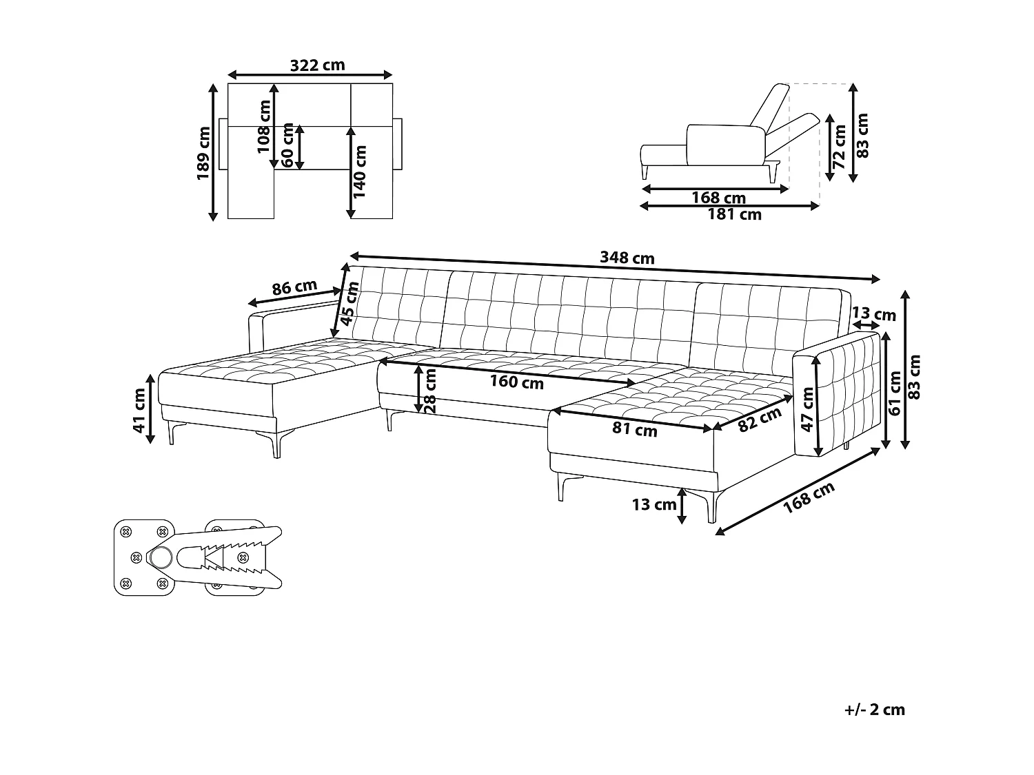 5-Sitzer Schlafsofa U-förmig Samt blau gesteppt mit Armlehnen modern Aberdeen