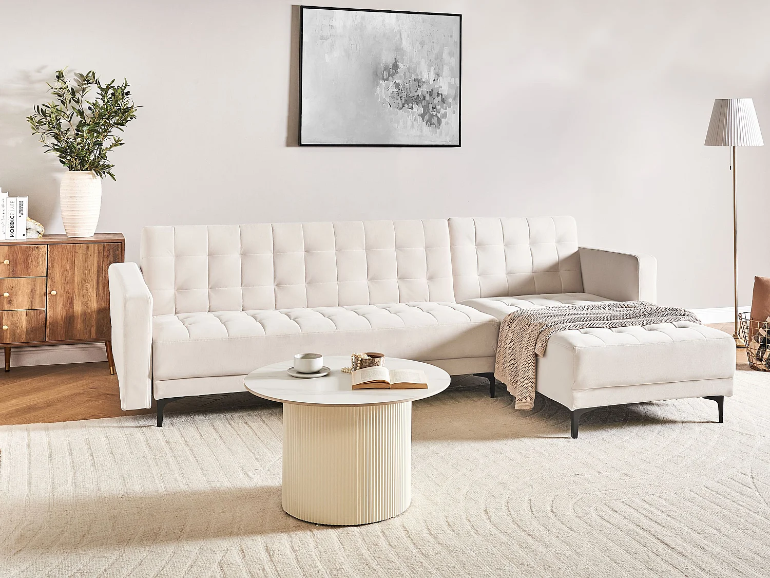 Sofá-cama de canto modular ABERDEEN Veludo Creme claro 4 lugares à esquerda