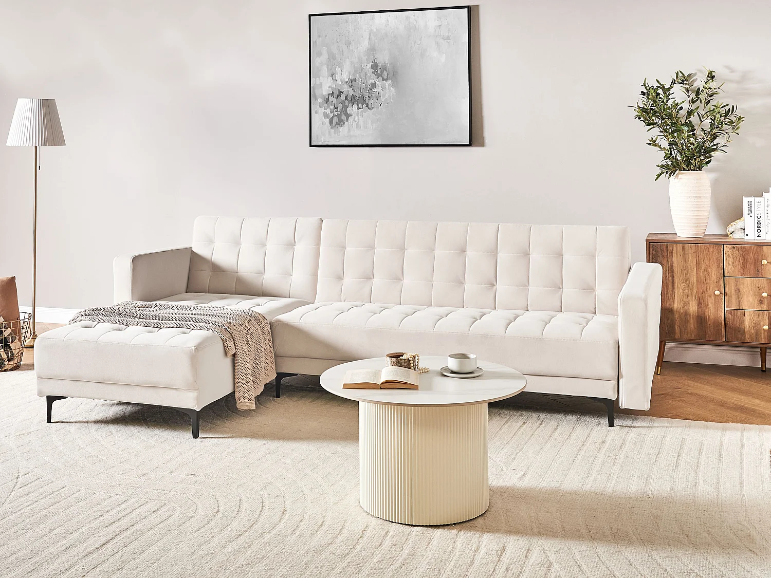 Canapé-Lit d'Angle à gauche 4 Places Dossier Réglable en Velours Beige Clair Aberdeen