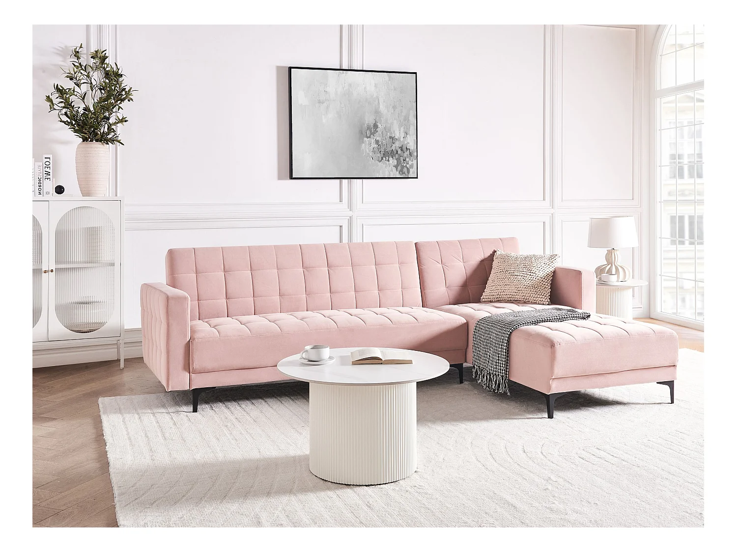 4-Sitzer Eckschlafsofa L-förmig links Samt pastell rosa gesteppt Aberdeen