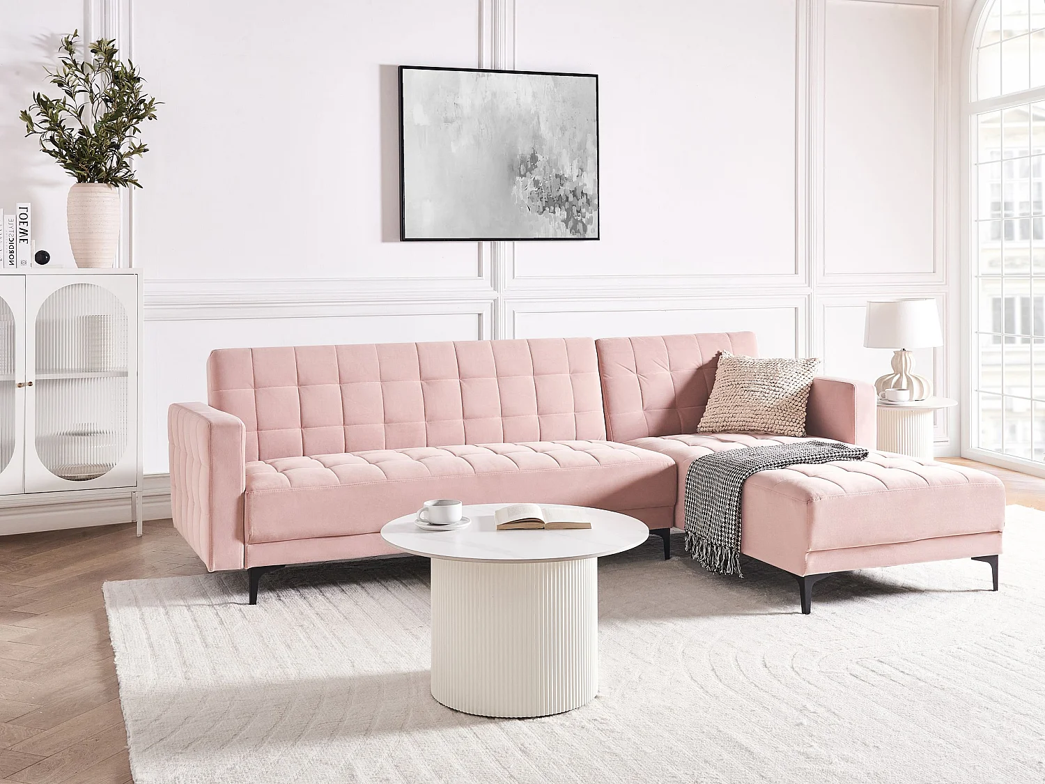 Divano letto angolare modulare ABERDEEN Velluto Rosa pastello 4 posti Lato Sinistro