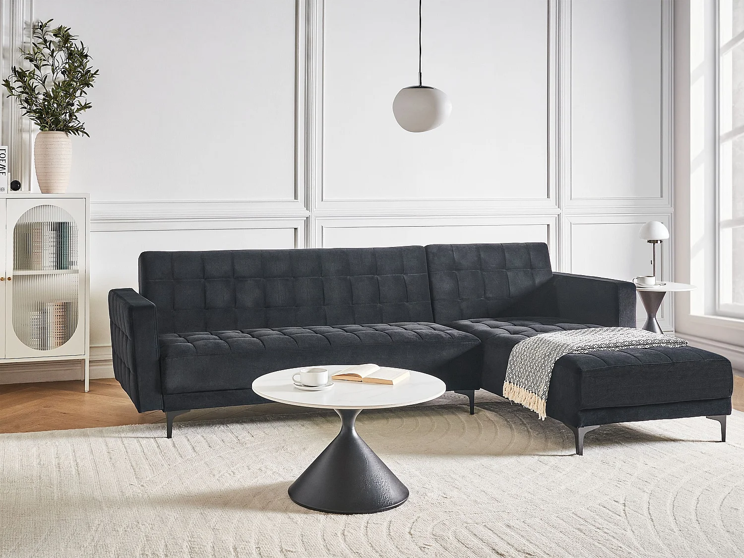 Canapé-Lit d'Angle à droite 4 Places Dossier Réglable en Velours Noir Aberdeen