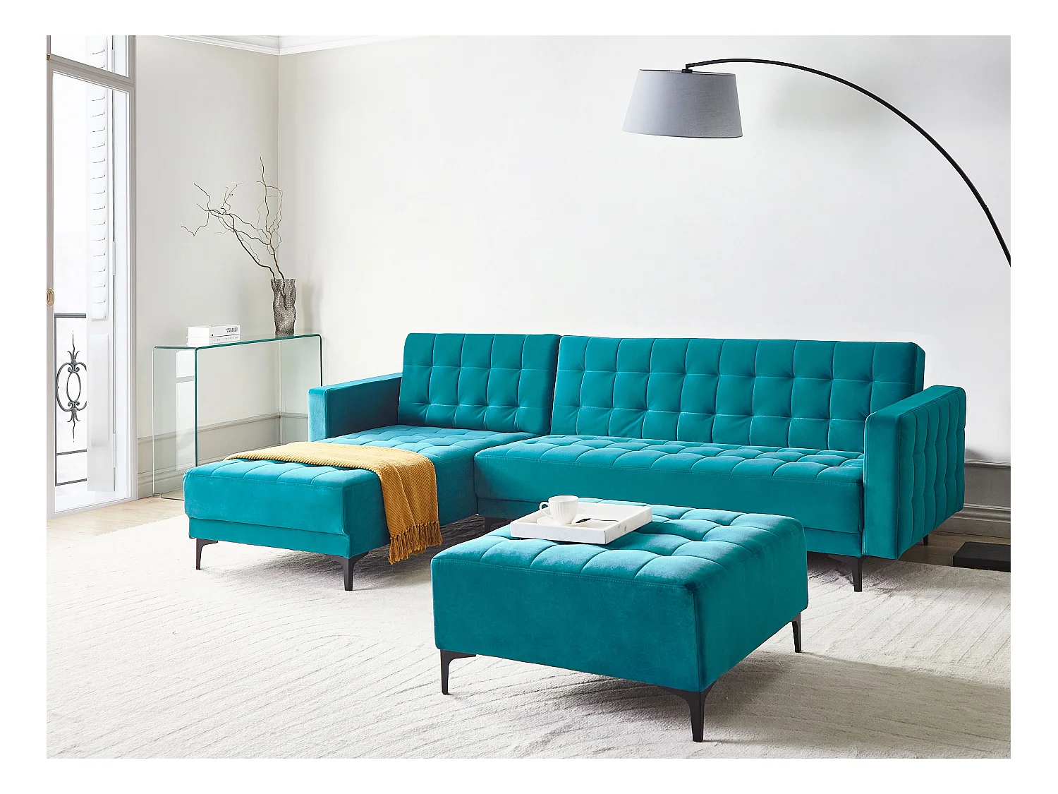 4-Sitzer Eckschlafsofa L-förmig rechts Samt see blau gesteppt Aberdeen