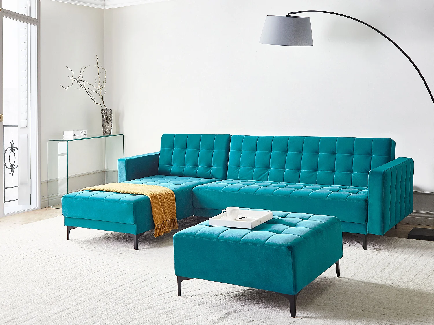 4-Sitzer Eckschlafsofa L-förmig rechts Samt see blau gesteppt Aberdeen