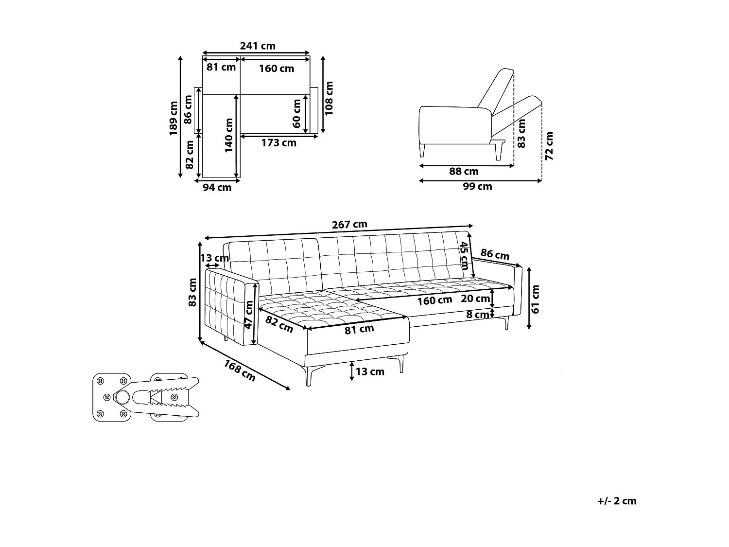 4-Sitzer Eckschlafsofa L-förmig rechts Samt see blau gesteppt Aberdeen