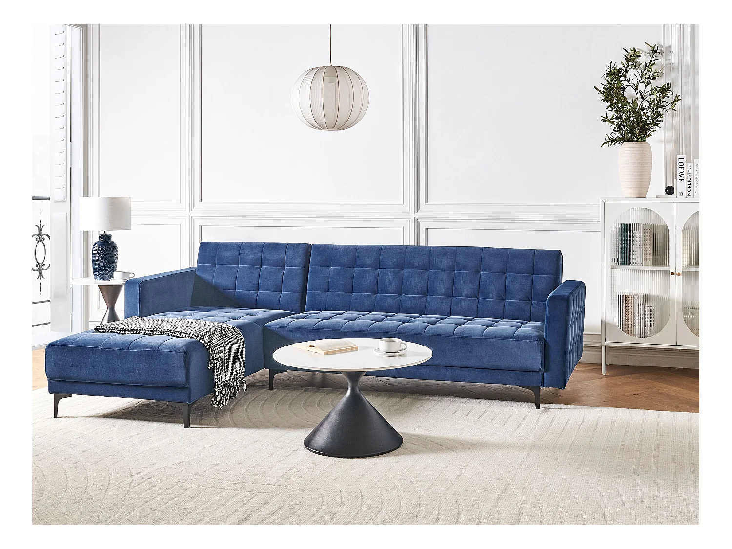 Narożnik rozkładany modułowy ABERDEEN Welur Niebieski dla 4 osób Prawostronny