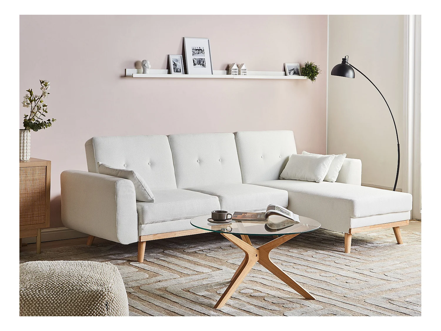 Hoekslaapbank KAARINA Stof Wit 3-zitter Linkerzijde