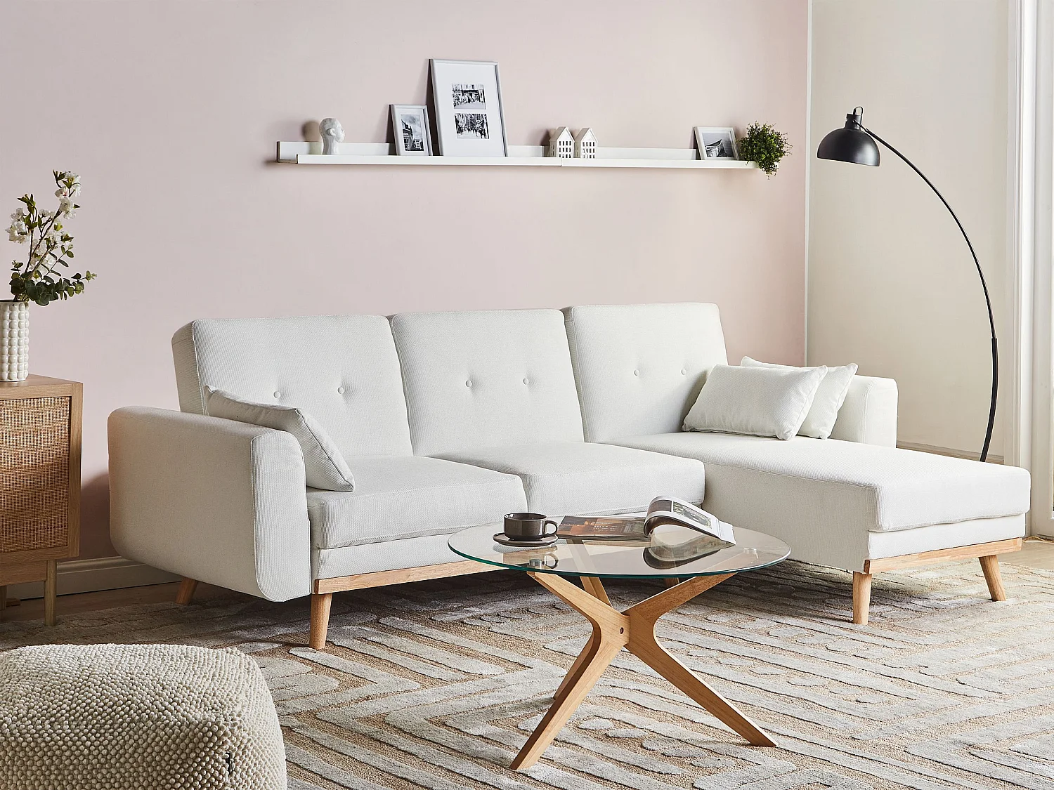 3-Sitzer Ecksofa Stoff weiß L-Form links mit Schlaffunktion 3 Kissen Kaarina