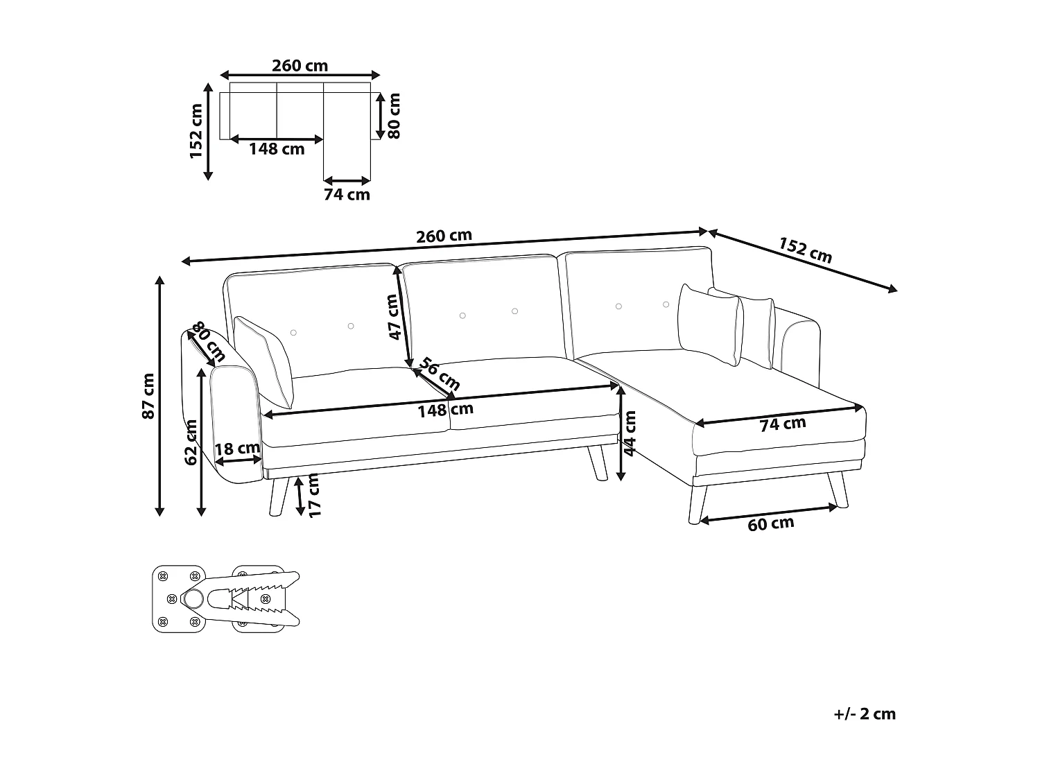 3-Sitzer Ecksofa Stoff weiß L-Form links mit Schlaffunktion 3 Kissen Kaarina