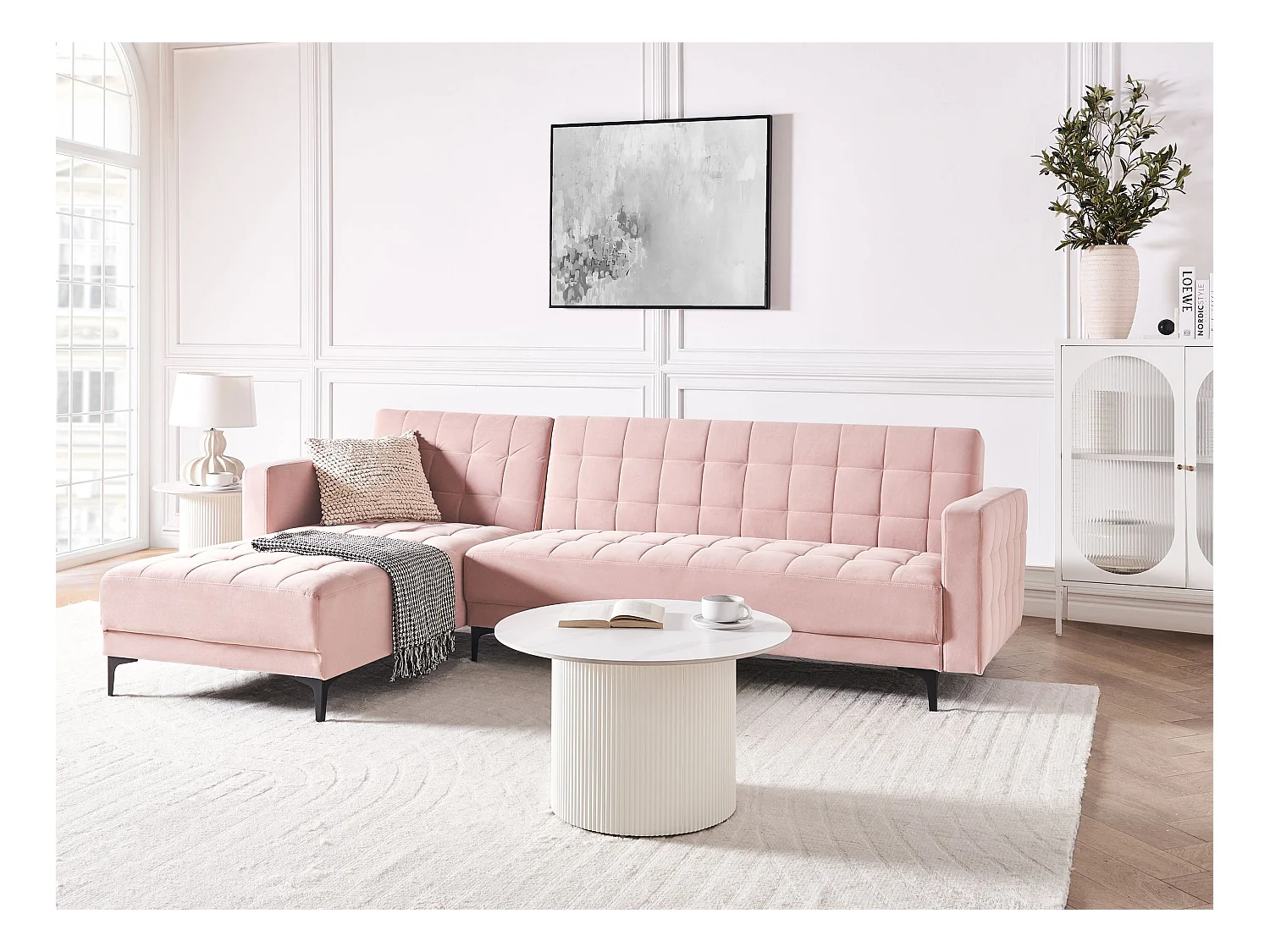 Modulaire hoekslaapbank ABERDEEN Fluweel Pastelroze 4-zitter Rechterzijde