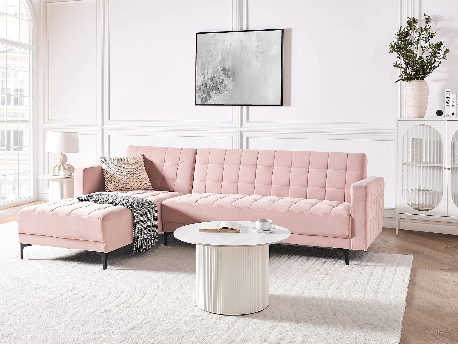 Canapé-Lit d'Angle à gauche 4 Places Dossier Réglable en Velours Rose Pastel Aberdeen