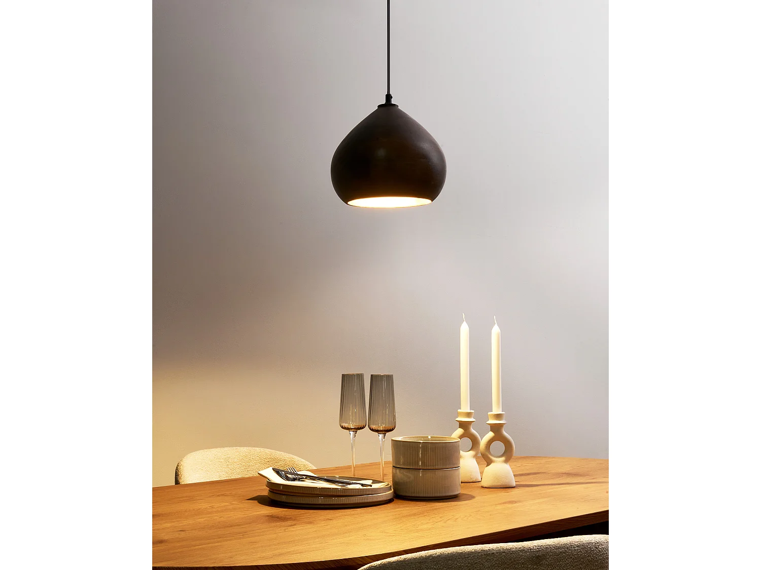 Hängelampe Mangoholz dunkel braun rundes Design modern Boho Stil Sanyati