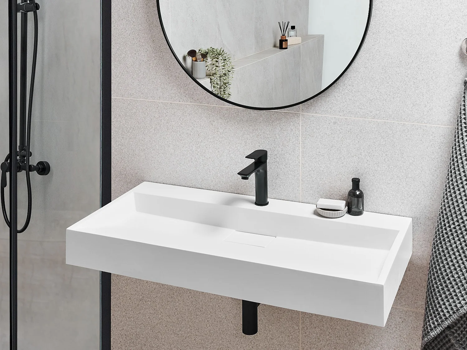 Wandwaschbecken Mineralguss weiß rechteckig 100 x 46 cm ohne Überlauf Quenko