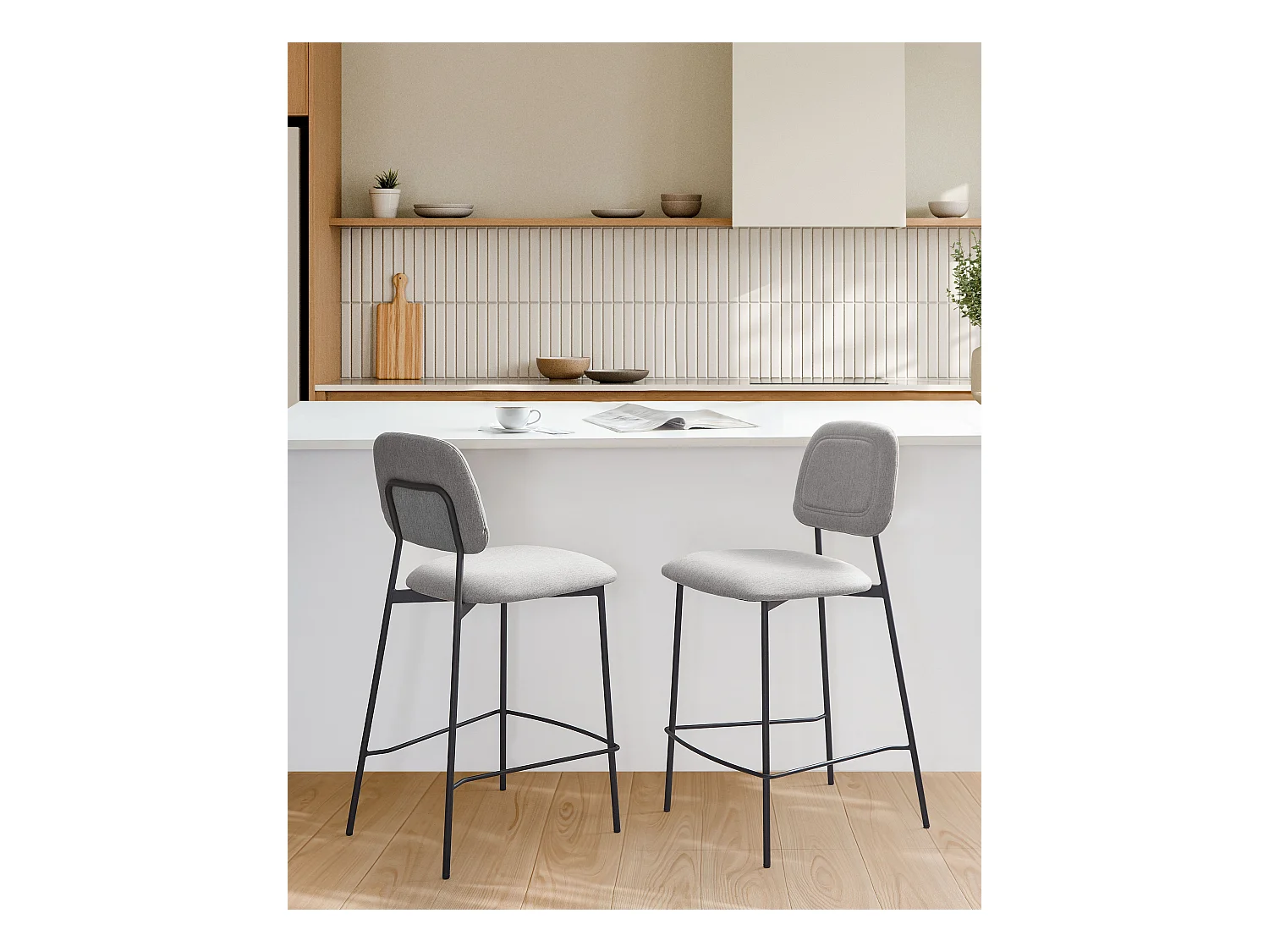 Set van 2 barstoelen DUETTE Kunstlinnen Lichtgrijs