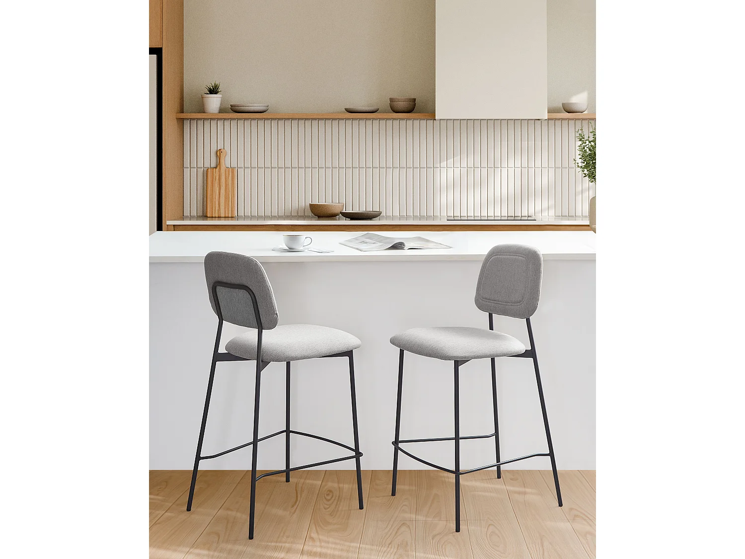 Lot de 2 chaises de bar DUETTE Lin synthétique Gris clair