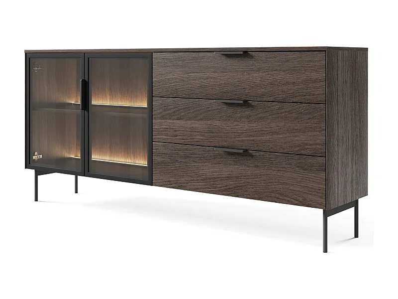 Buffet 2 portes vitrées, 3 tiroirs avec LED – 181 cm – chêne Dunin – SELSEY LUMI