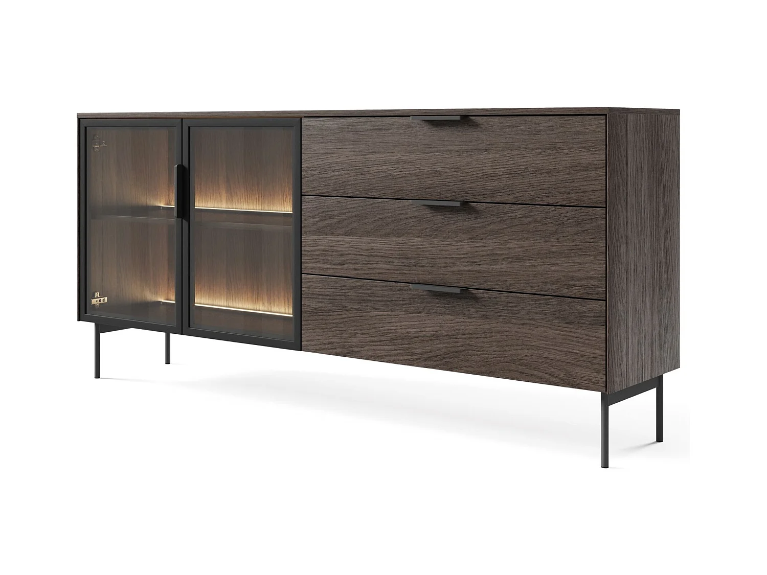 Buffet 2 portes vitrées, 3 tiroirs avec LED – 181 cm – chêne Dunin – SELSEY LUMI