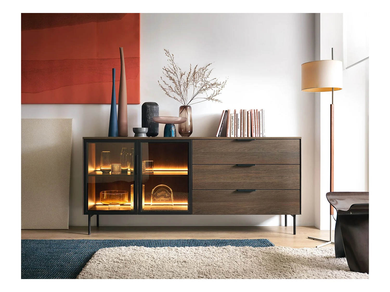 Buffet 2 portes vitrées, 3 tiroirs avec LED – 181 cm – chêne Dunin – SELSEY LUMI