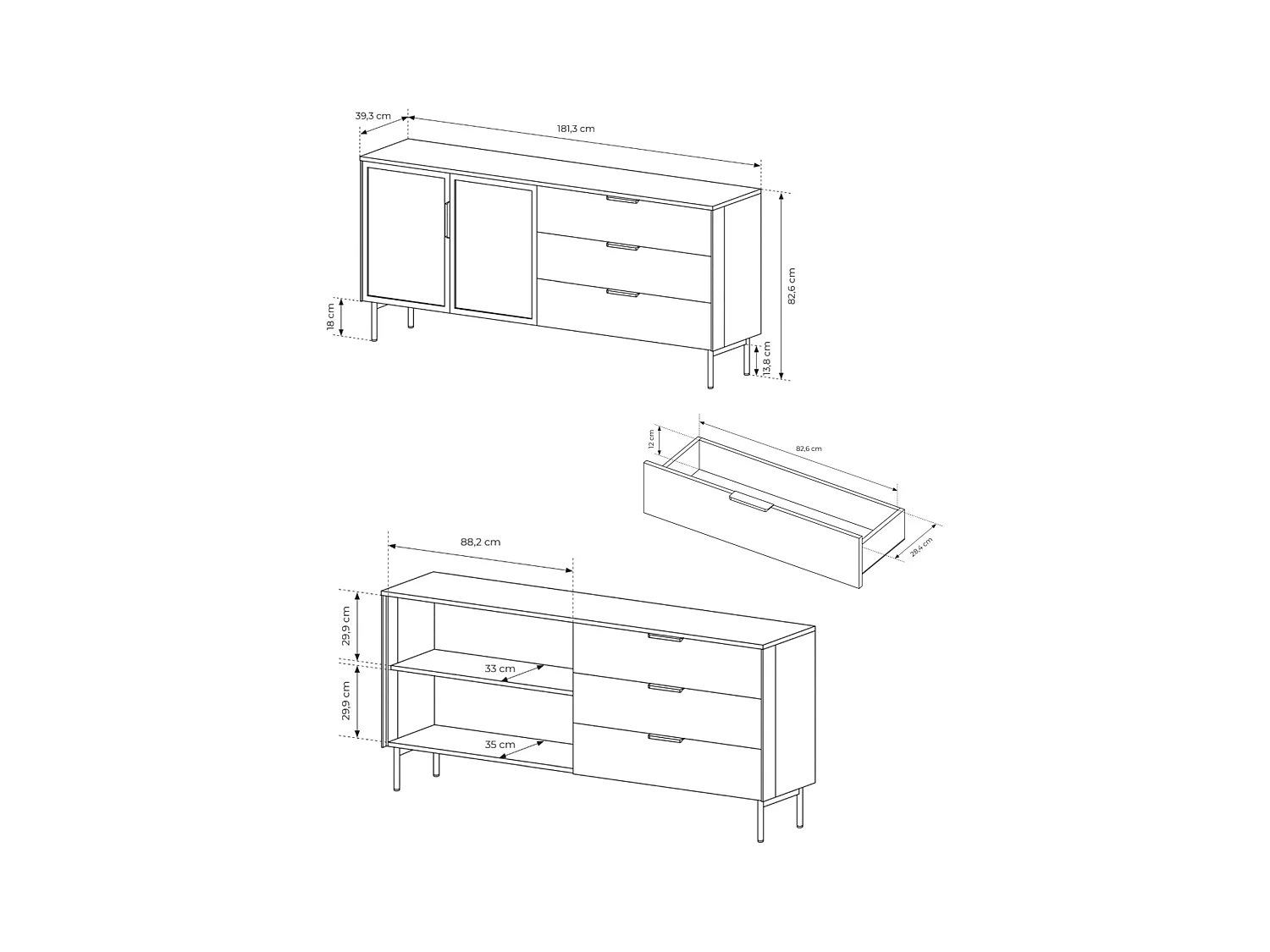 Buffet 2 portes vitrées, 3 tiroirs avec LED – 181 cm – chêne Dunin – SELSEY LUMI