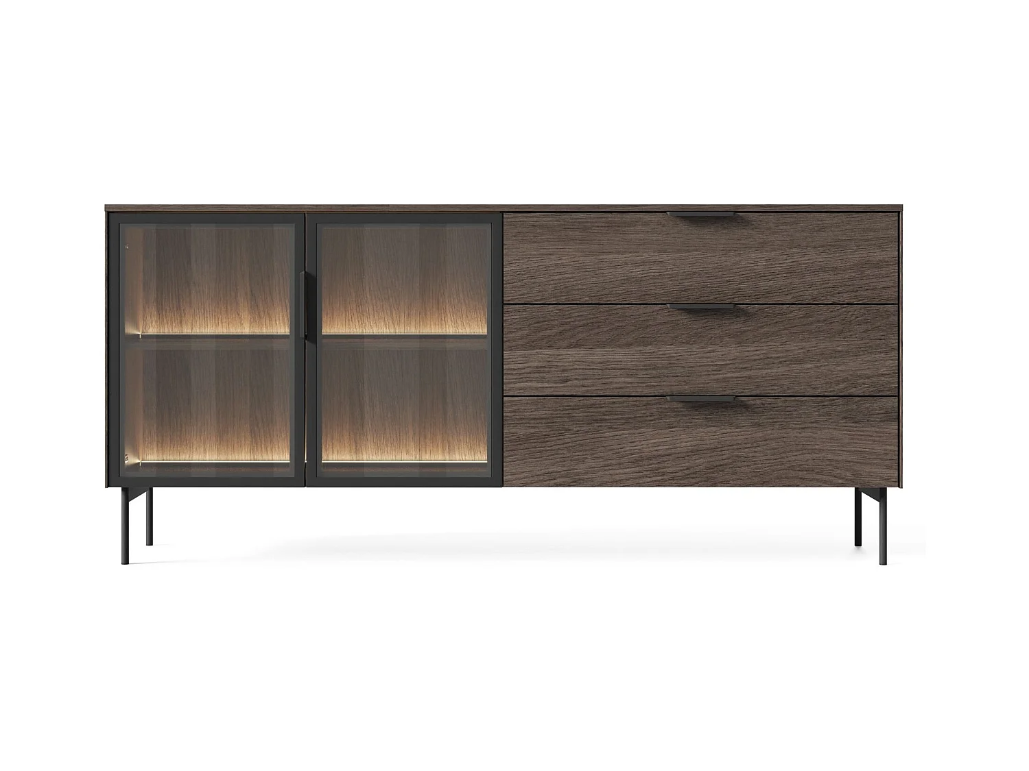 Buffet 2 portes vitrées, 3 tiroirs avec LED – 181 cm – chêne Dunin – SELSEY LUMI