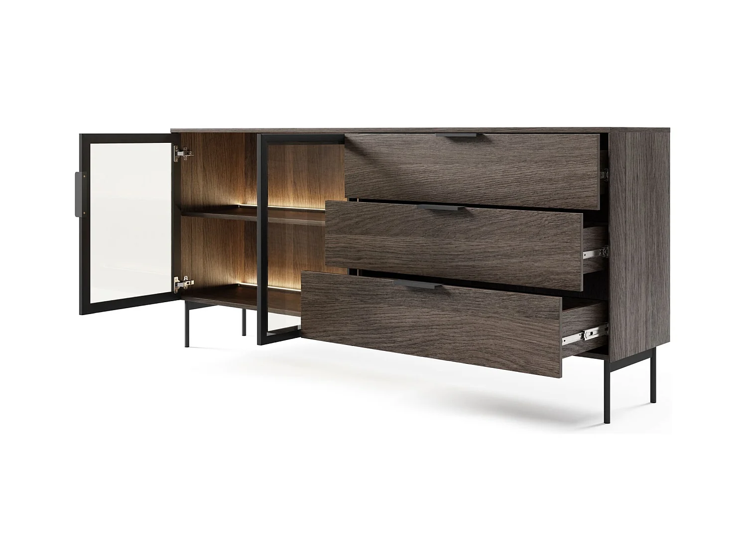 Buffet 2 portes vitrées, 3 tiroirs avec LED – 181 cm – chêne Dunin – SELSEY LUMI