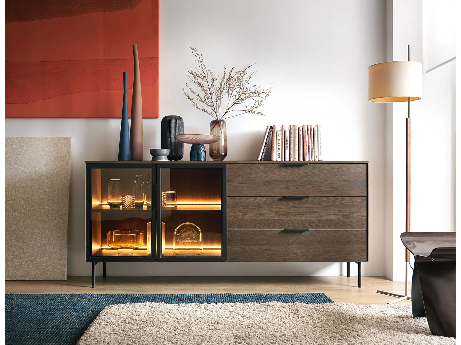 Sideboard 2-türig mit Glasfronten - 3 Schubladen und LED - Eiche Dunin - 181 cm - LUMI