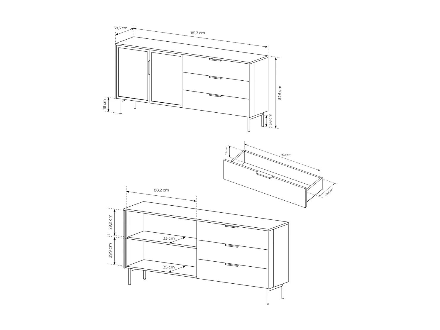 Sideboard 2-türig mit Glasfronten - 3 Schubladen und LED - Eiche Dunin - 181 cm - LUMI