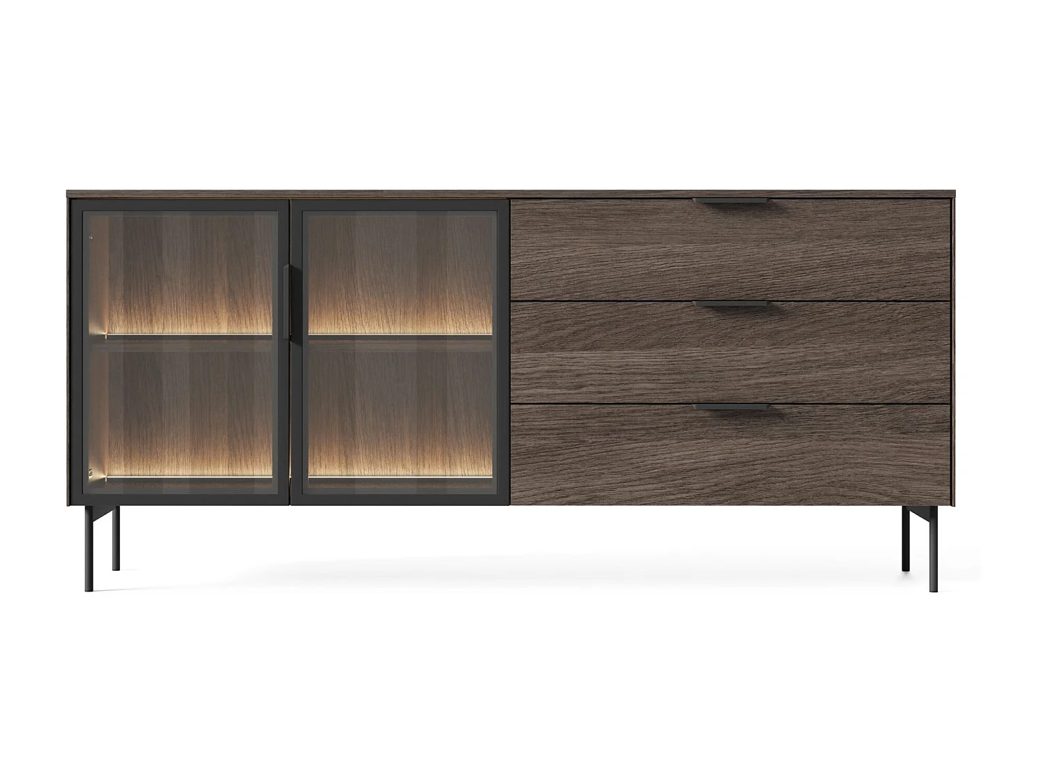 Sideboard 2-türig mit Glasfronten - 3 Schubladen und LED - Eiche Dunin - 181 cm - LUMI