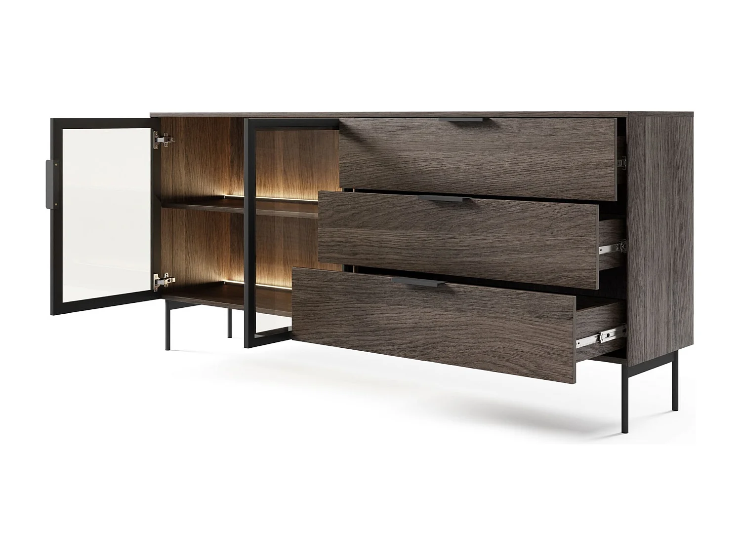 Sideboard 2-türig mit Glasfronten - 3 Schubladen und LED - Eiche Dunin - 181 cm - LUMI
