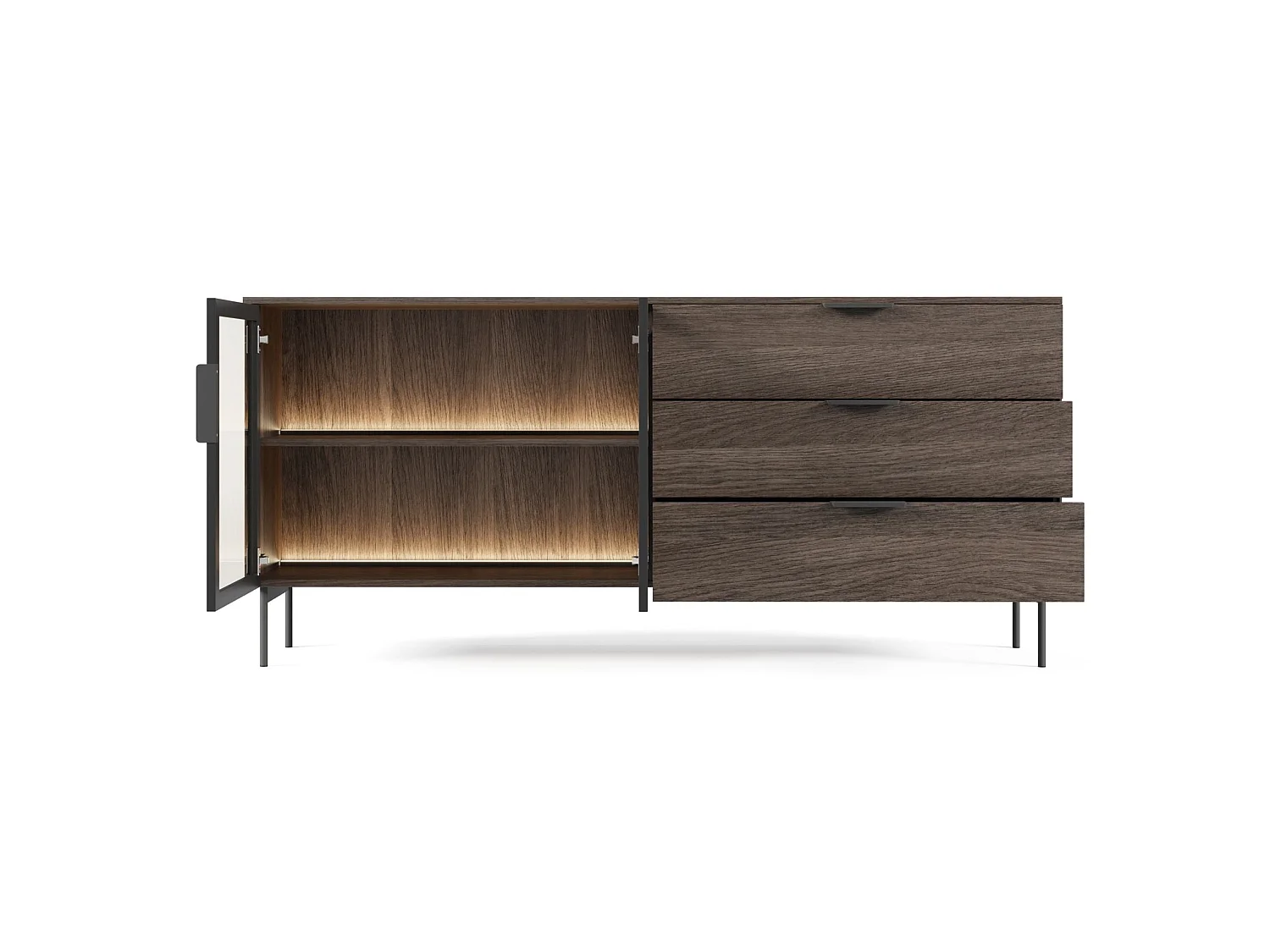 Dressoir met 2 glazen deuren en 3 lades met LED's – 181 cm – Dunin eiken – SELSEY LUMI