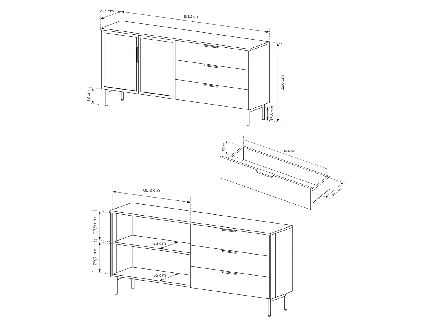 Dressoir met 2 glazen deuren en 3 lades met LED's – 181 cm – Dunin eiken – SELSEY LUMI