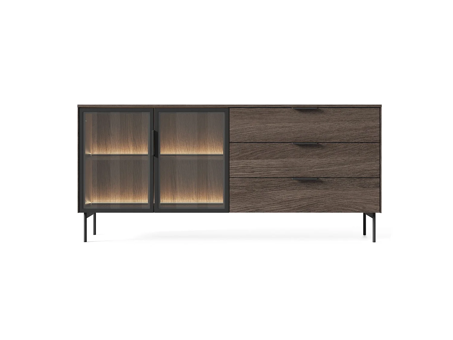 Dressoir met 2 glazen deuren en 3 lades met LED's – 181 cm – Dunin eiken – SELSEY LUMI