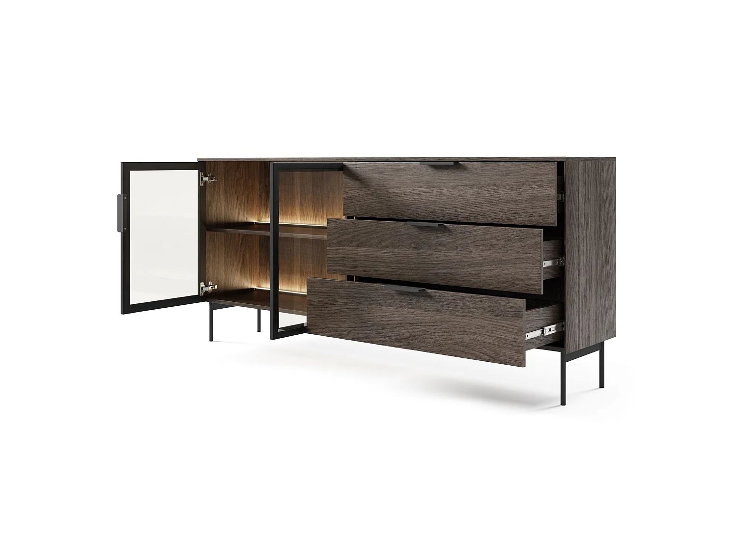 Dressoir met 2 glazen deuren en 3 lades met LED's – 181 cm – Dunin eiken – SELSEY LUMI