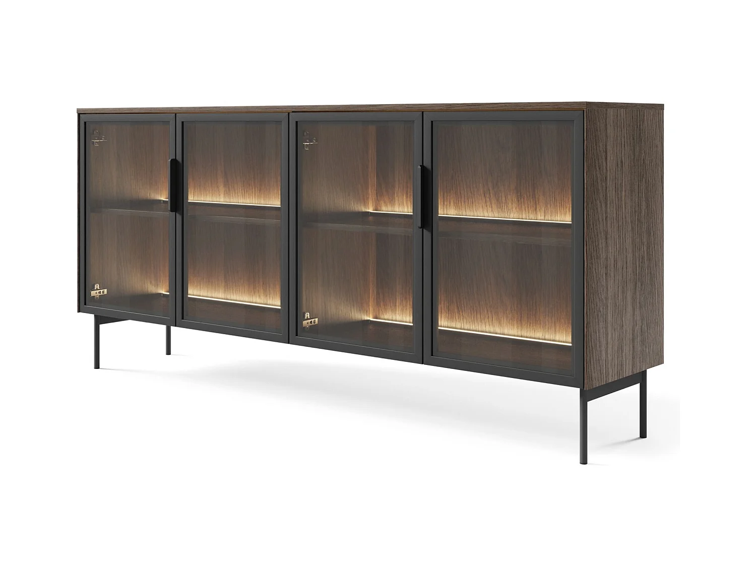 Buffet 4 portes vitrées avec LED – 181 cm – chêne Dunin – SELSEY LUMI