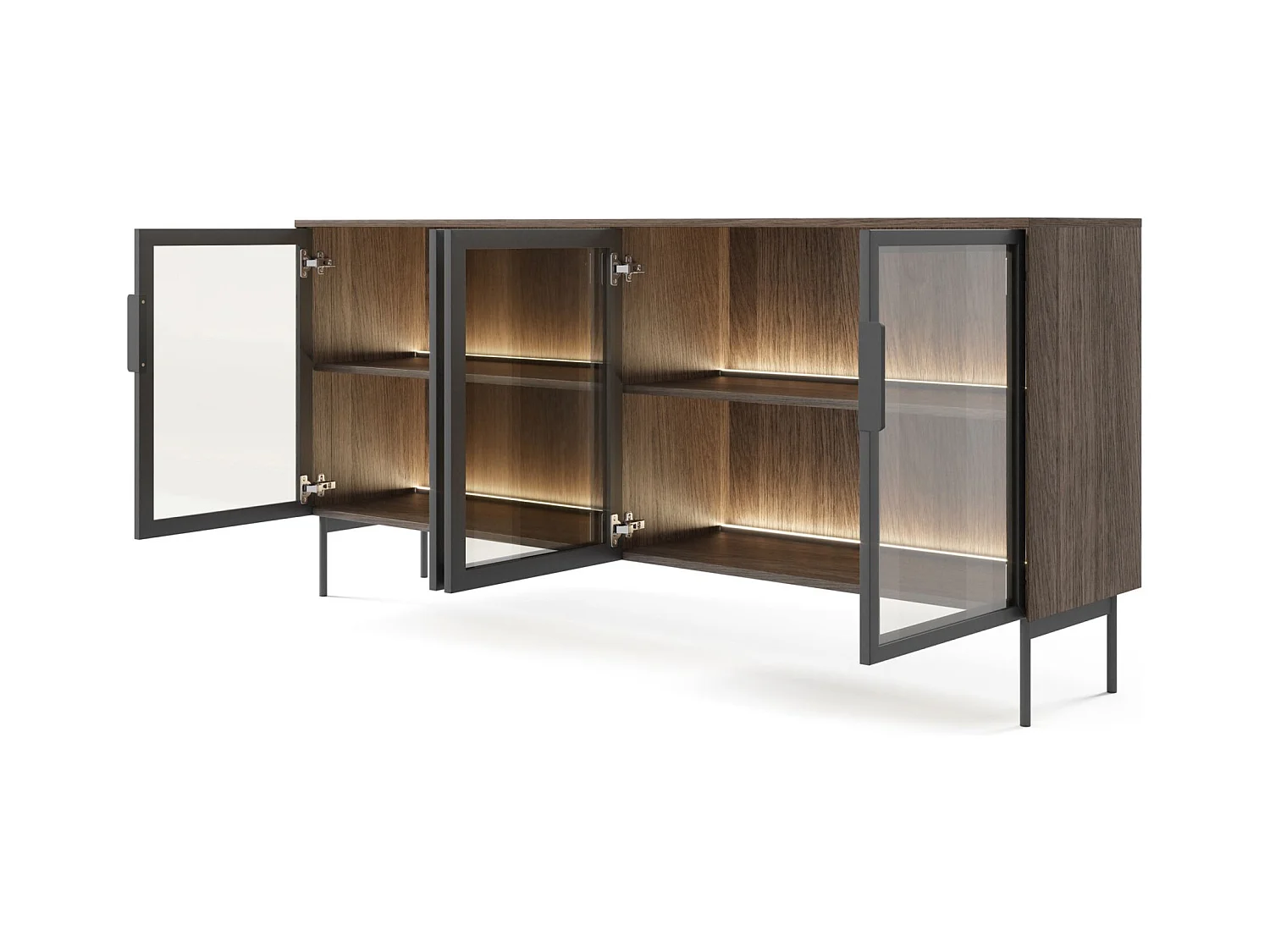 Buffet 4 portes vitrées avec LED – 181 cm – chêne Dunin – SELSEY LUMI