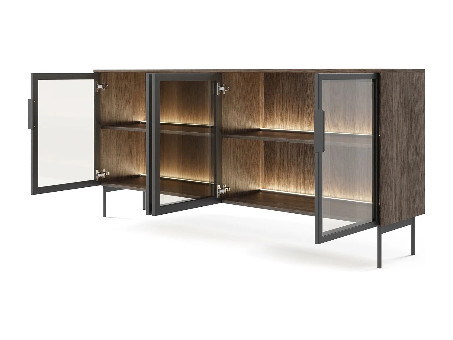 Sideboard 4-türig mit Glasfronten und LED - Eiche Dunin - 181 cm - LUMI