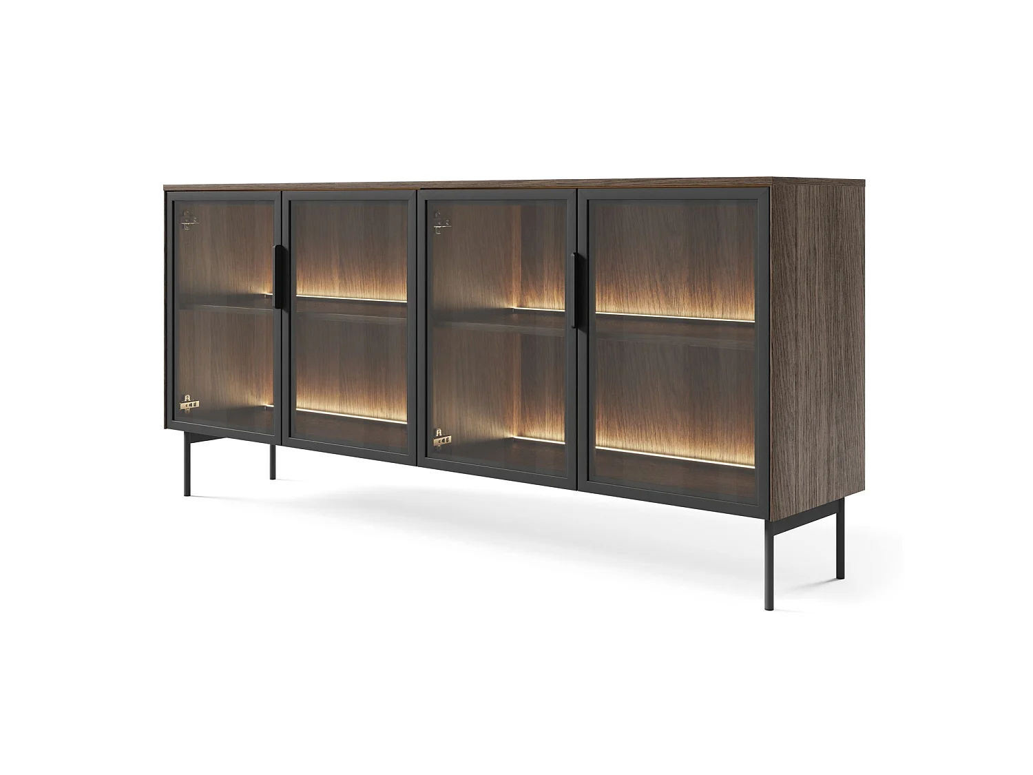 Buffet 4 portes vitrées avec LED – 181 cm – chêne Dunin – SELSEY LUMI