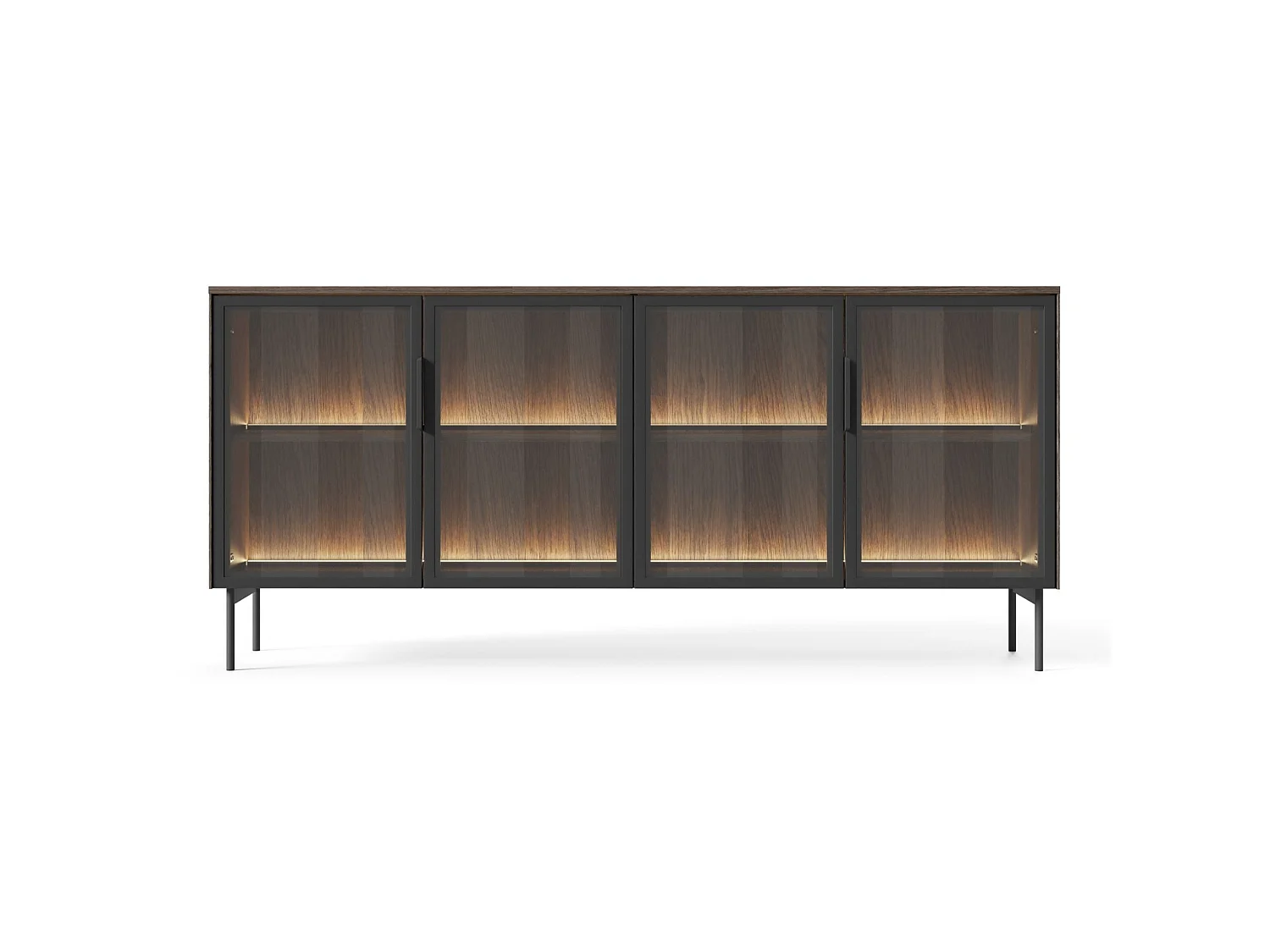 Buffet 4 portes vitrées avec LED – 181 cm – chêne Dunin – SELSEY LUMI
