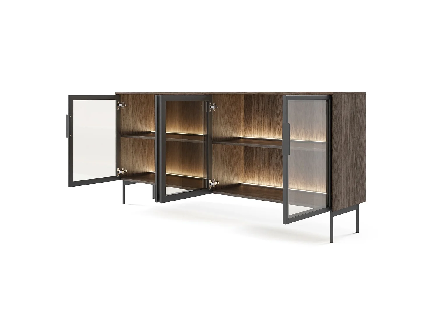 Buffet 4 portes vitrées avec LED – 181 cm – chêne Dunin – SELSEY LUMI