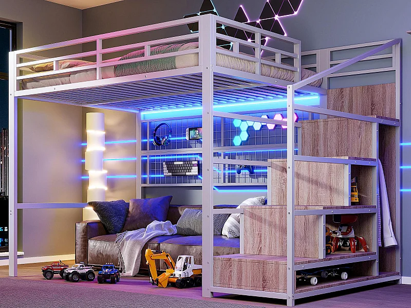 Lit mezzanine 140x200 cm - structure en fer - avec penderie + échelle de rangement - ruban lumineux LED - blanc (matelas non inclus)