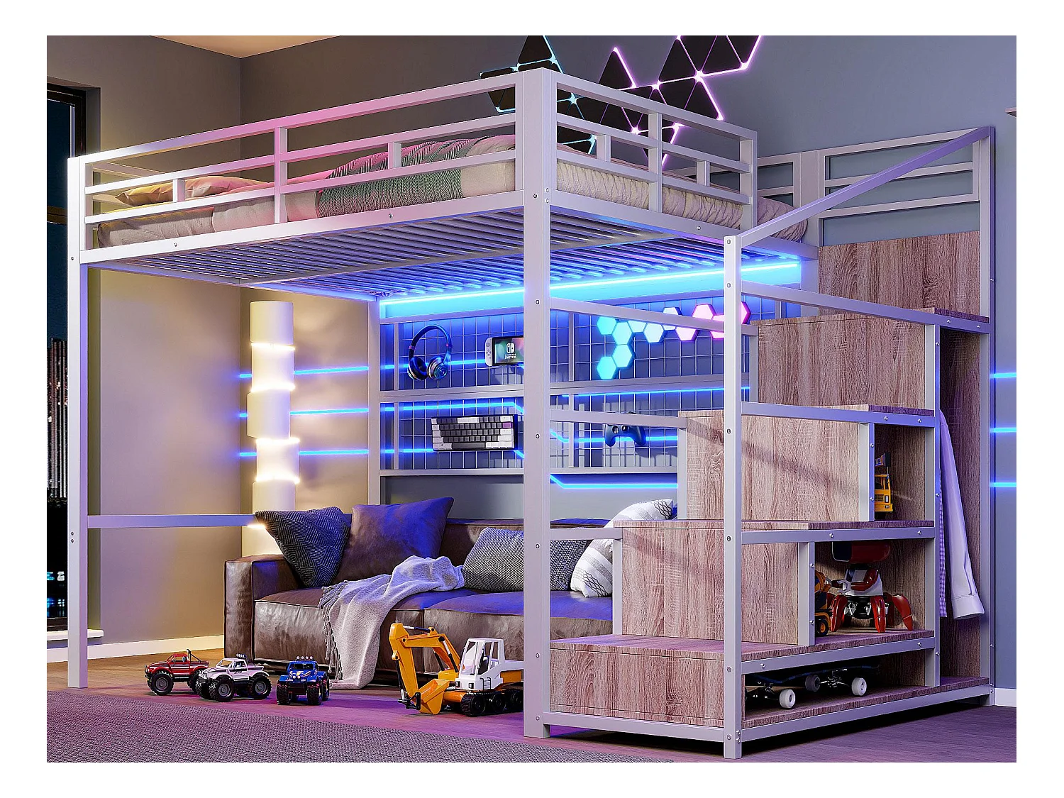 Lit mezzanine 140x200 cm - structure en fer - avec penderie + échelle de rangement - ruban lumineux LED - blanc (matelas non inclus)