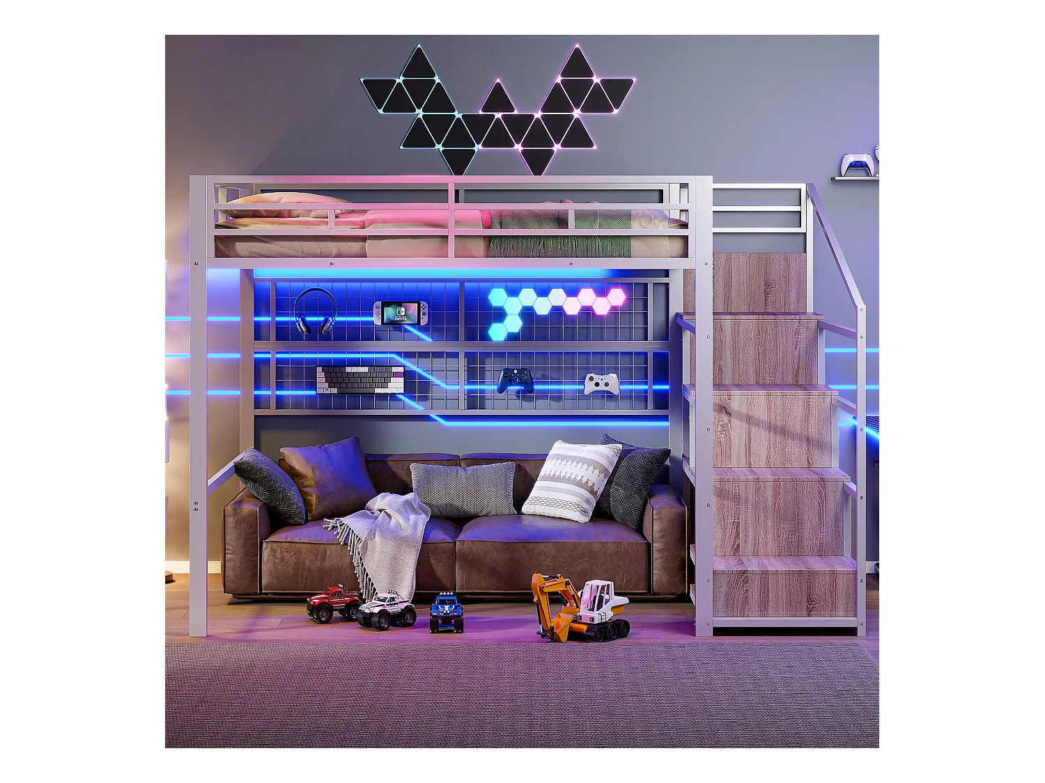 Lit mezzanine 140x200 cm - structure en fer - avec penderie + échelle de rangement - ruban lumineux LED - blanc (matelas non inclus)