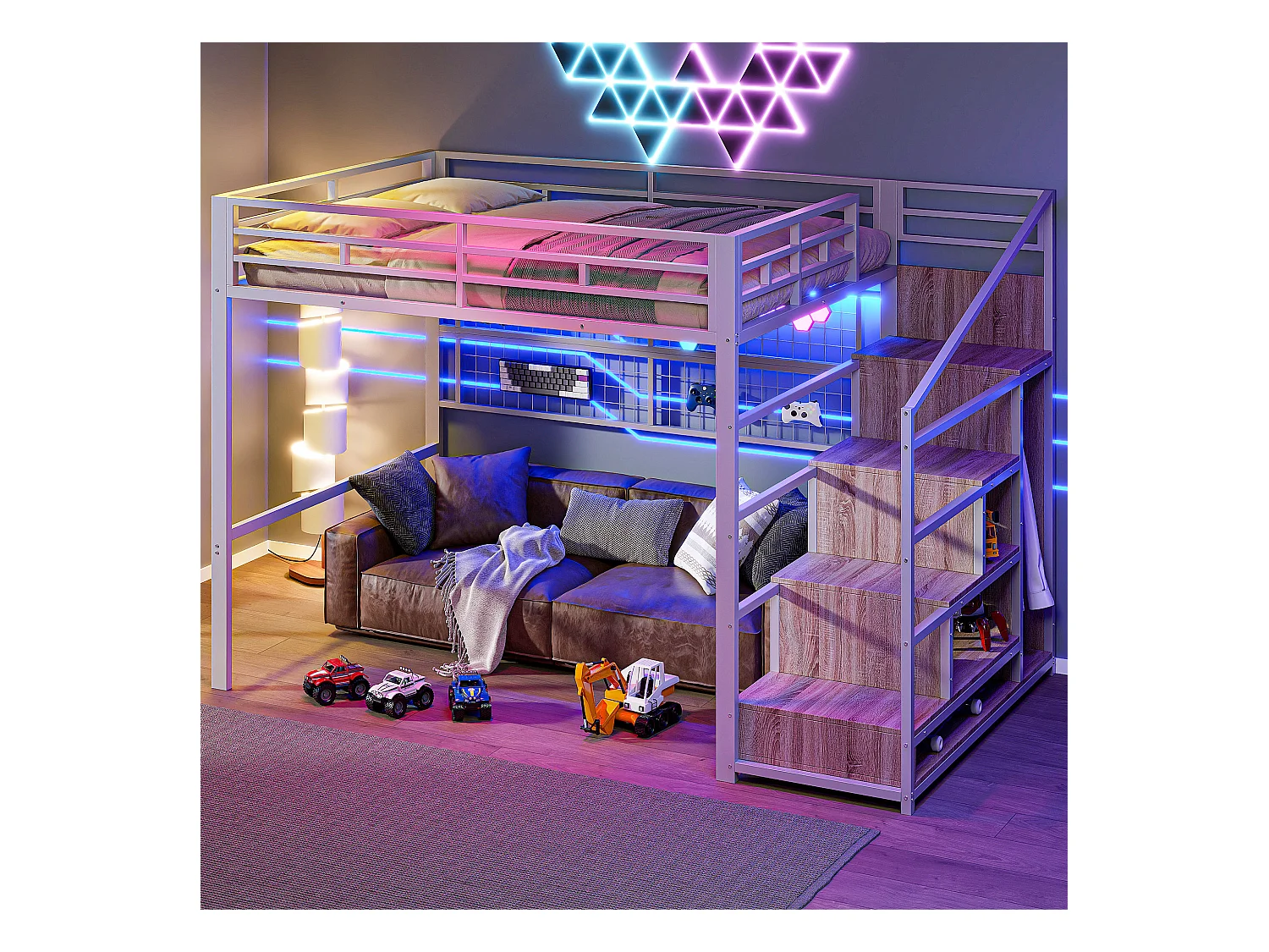 Lit mezzanine 140x200 cm - structure en fer - avec penderie + échelle de rangement - ruban lumineux LED - blanc (matelas non inclus)