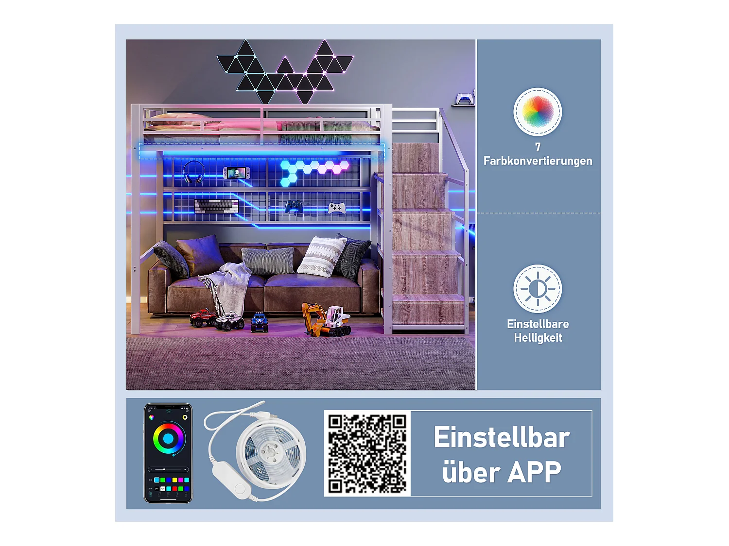 Lit mezzanine 140x200 cm - structure en fer - avec penderie + échelle de rangement - ruban lumineux LED - blanc (matelas non inclus)