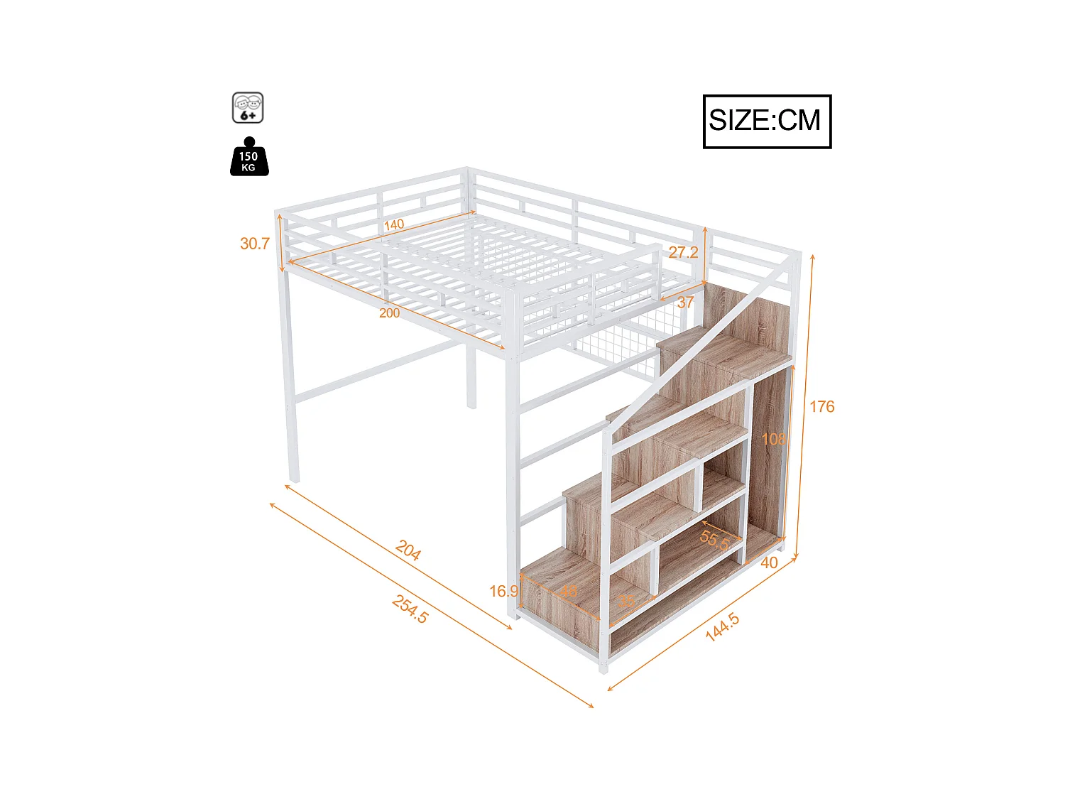 Lit mezzanine 140x200 cm - structure en fer - avec penderie + échelle de rangement - ruban lumineux LED - blanc (matelas non inclus)